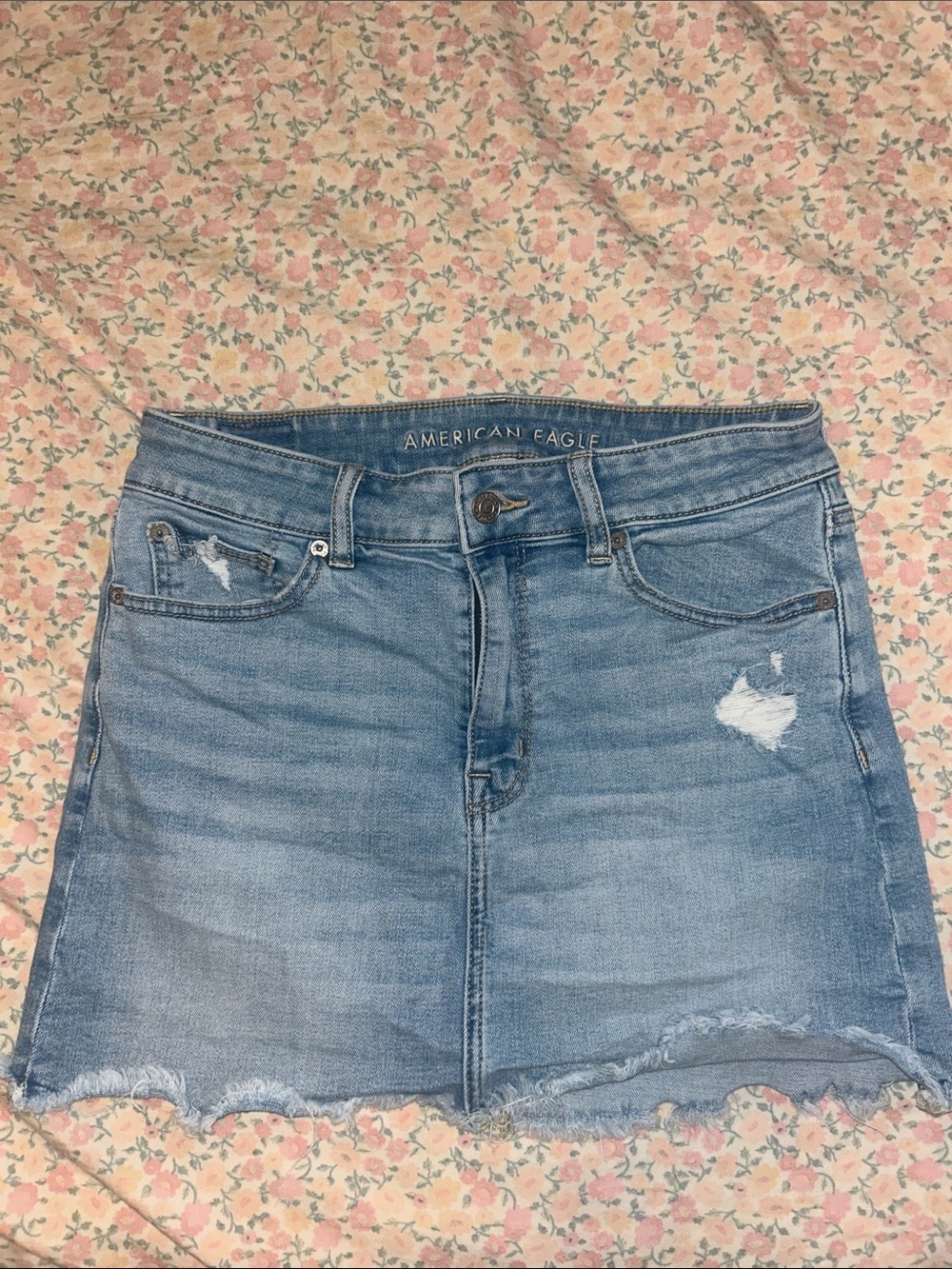 American Eagle Outfitters Light Blue Distressed Denim Mini Skirt